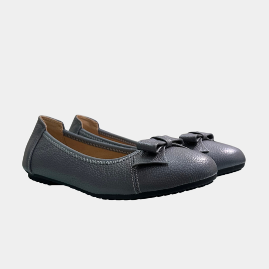 GIÀY BÚP BÊ MŨI TRÒN ĐÍNH NƠ MÀU XÁM
